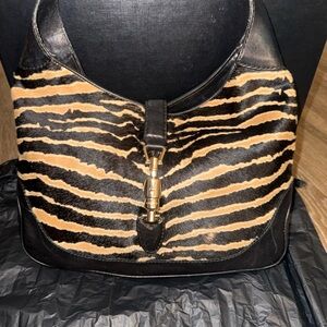 Gucci Jackie O Zebra Pony hair shoulder bag. Gold Piston Closure